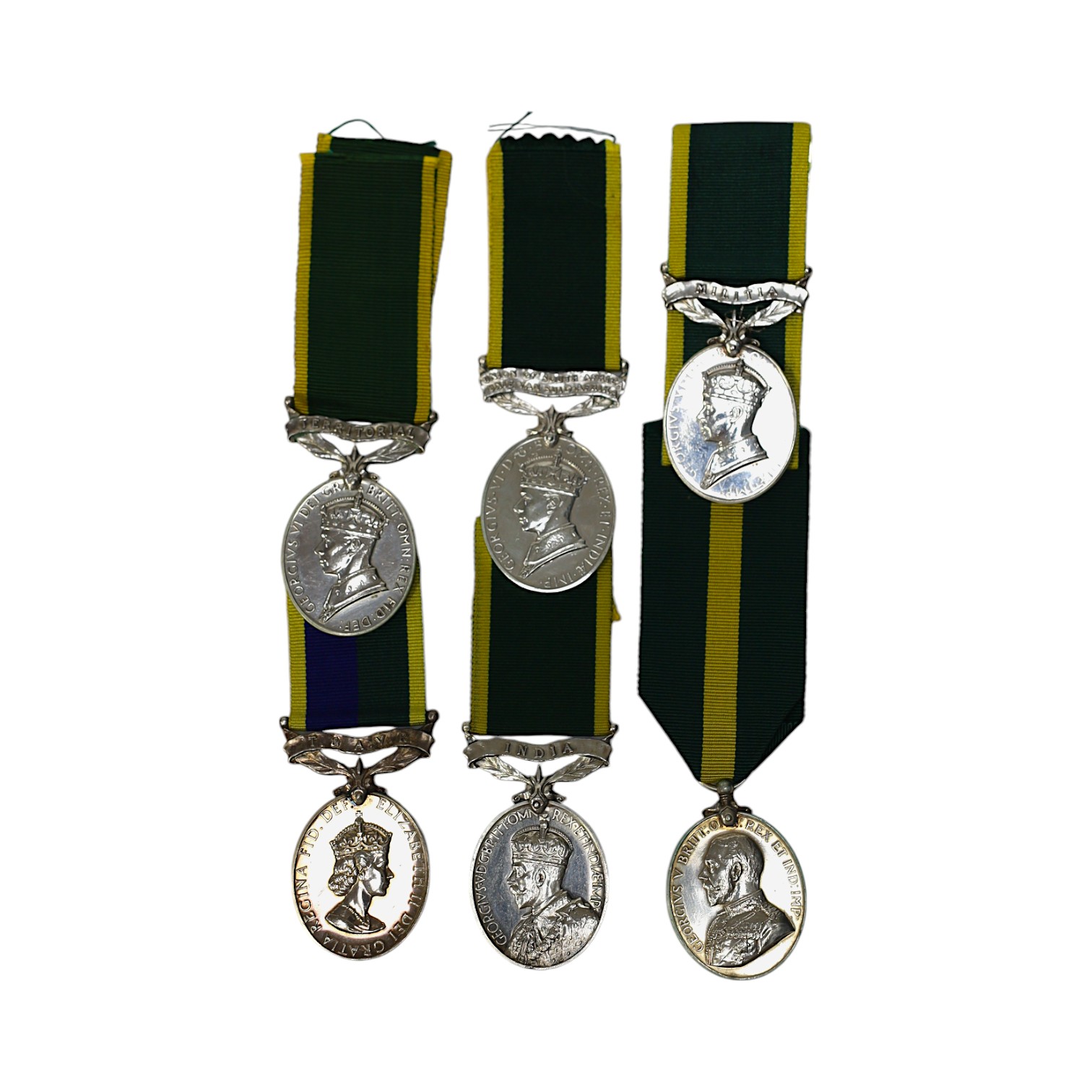 Six assorted Efficiency medals; GV (C) India to Pte.F.S.Slee,1 E.I.RY.R.,A.F.I.;GV (A) Territorial to 477046 Sjt H.W.Pawley, R.A.M.C.; GVI Militia to 2313197 Sclmn.S.H.Dummer, R.Signals.; GVI Territorial to 1434970 Gnr C